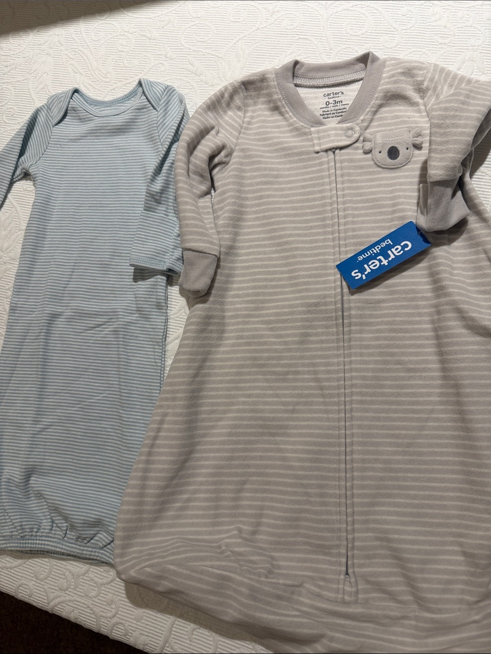 Carter's Gray and Light Blue Striped Baby Sleep Sacks - Cozy Set. NB and 0-3 mon